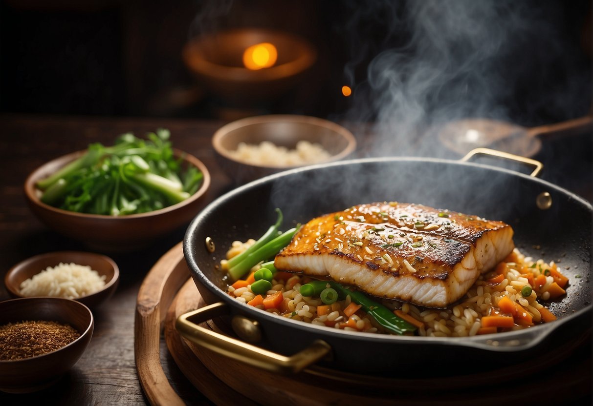 Golden sea bass sizzling in a wok with Chinese spices, garlic, and ginger. Nearby, a bowl of soy sauce, rice wine, and green onions for substitution