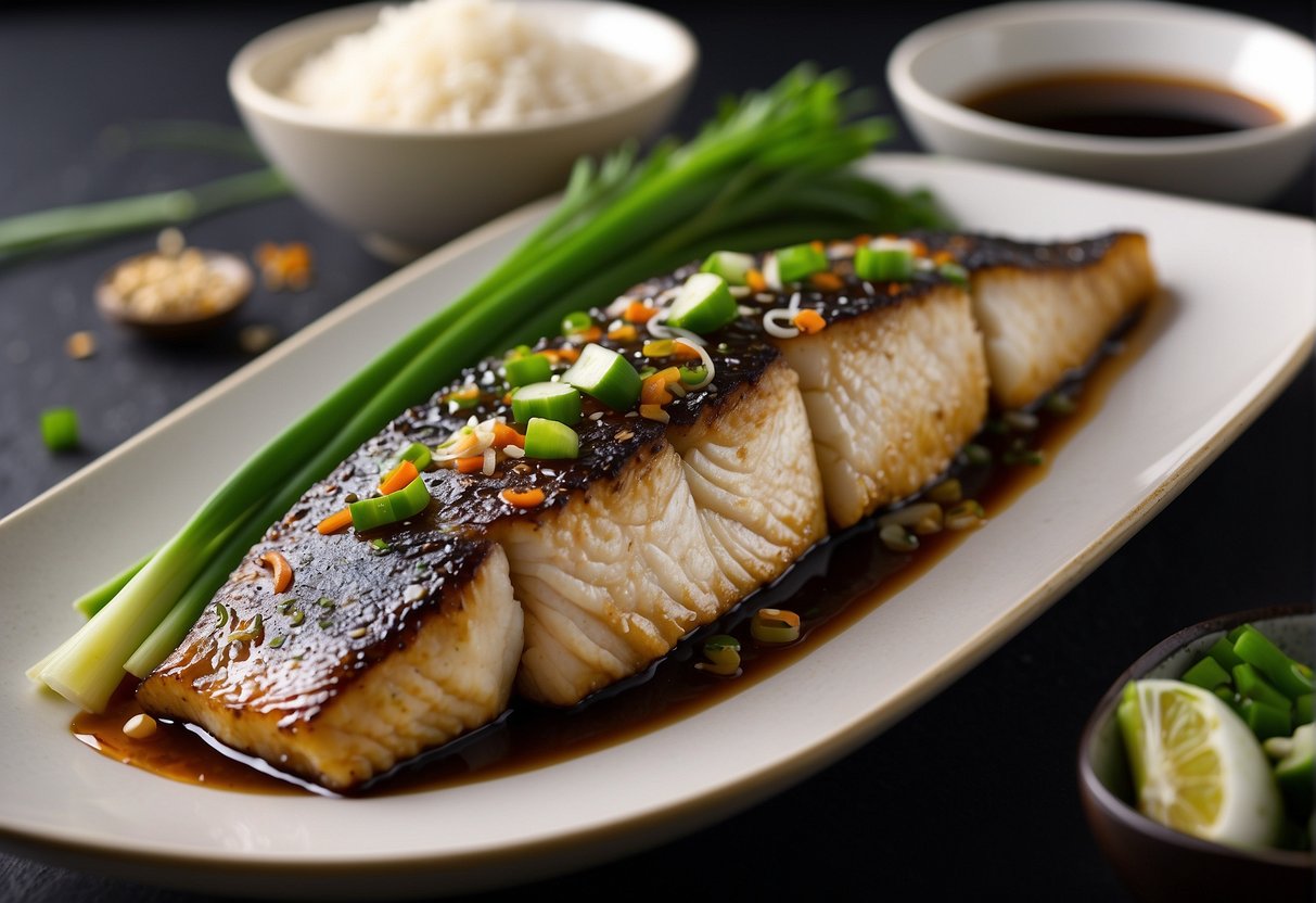 Sea bass fillets marinated in soy sauce, ginger, and garlic. Pan heated with oil. Fillets placed in pan, fried until golden and crispy. Garnished with green onions and served with steamed rice