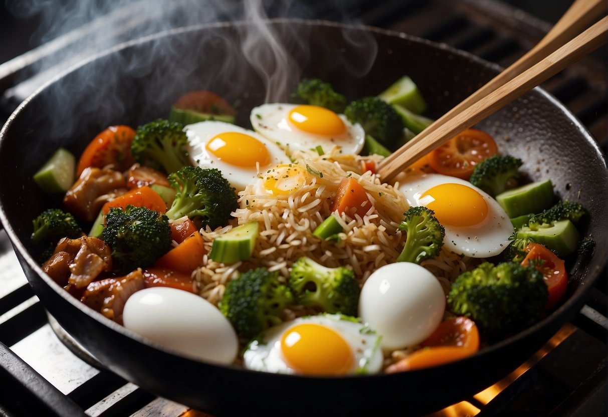 A wok sizzles with rice, eggs, and vegetables. Soy sauce and spices add flavor. Steam rises as a chef tosses the ingredients