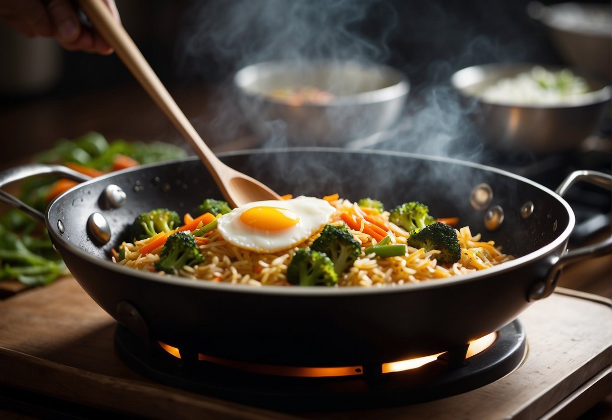 A wok sizzles with rice, eggs, and vegetables. Soy sauce drizzles in, infusing the dish with savory aroma