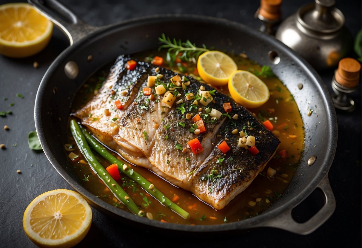 Sea bass sizzling in hot oil, surrounded by aromatic spices and herbs in a sizzling pan