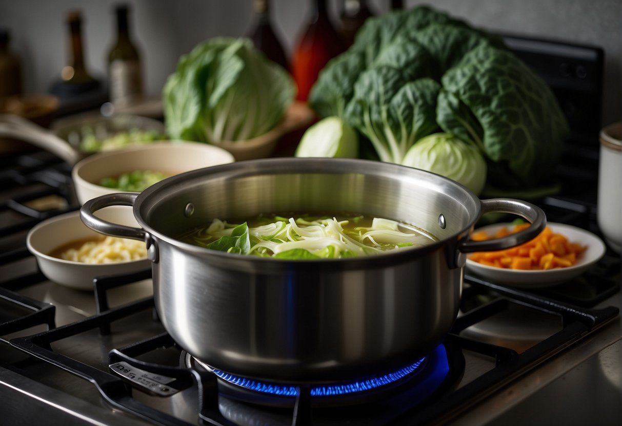 A pot of Chinese cabbage soup simmers on a stove in a Singaporean kitchen, filled with vibrant green cabbage leaves and other aromatic ingredients