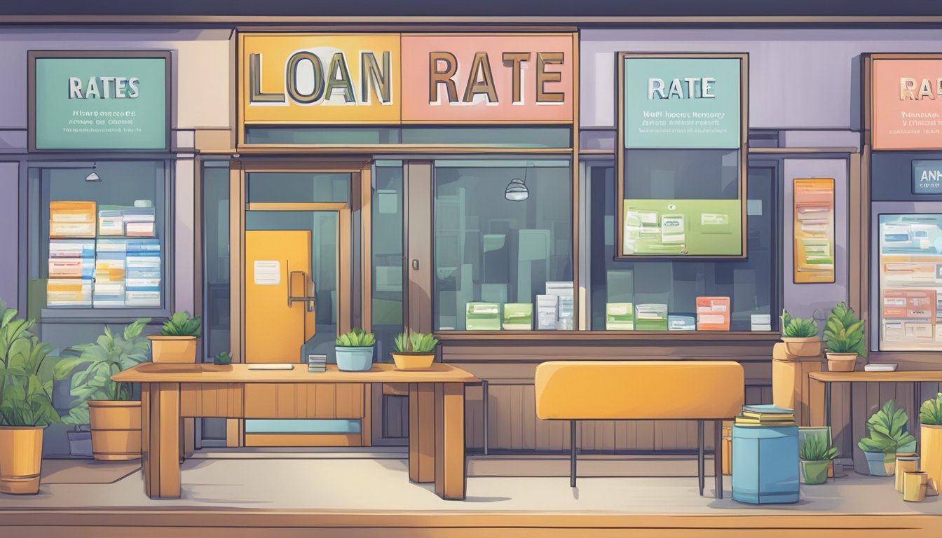 A table with various loan options displayed. A sign advertises low interest rates. A licensed money lender logo is prominent