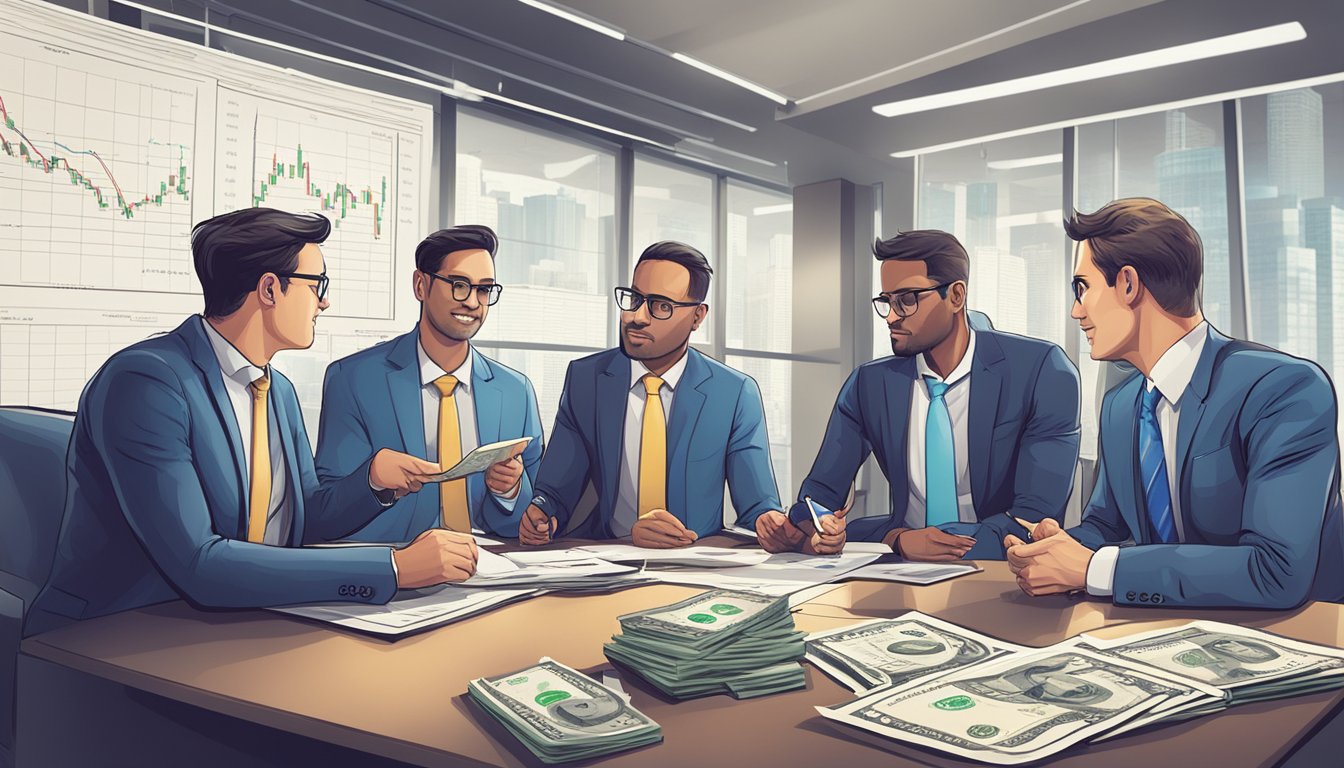 A group of international money lenders and loan officers reviewing offers in a modern office setting with currency symbols and financial charts in the background