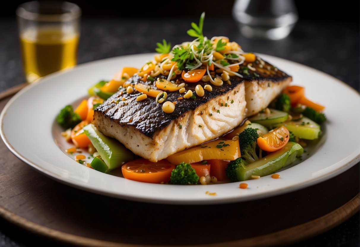 A sizzling sea bass, golden and crispy, is arranged on a bed of vibrant stir-fried vegetables, garnished with fresh herbs and a drizzle of savory sauce