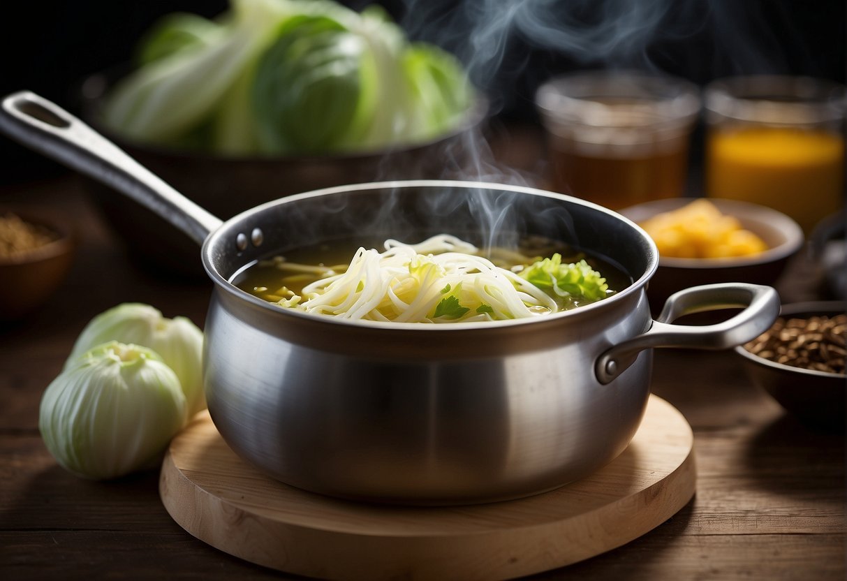 A pot simmering with Chinese cabbage, broth, and aromatic spices, with a display of potential ingredient substitutions nearby