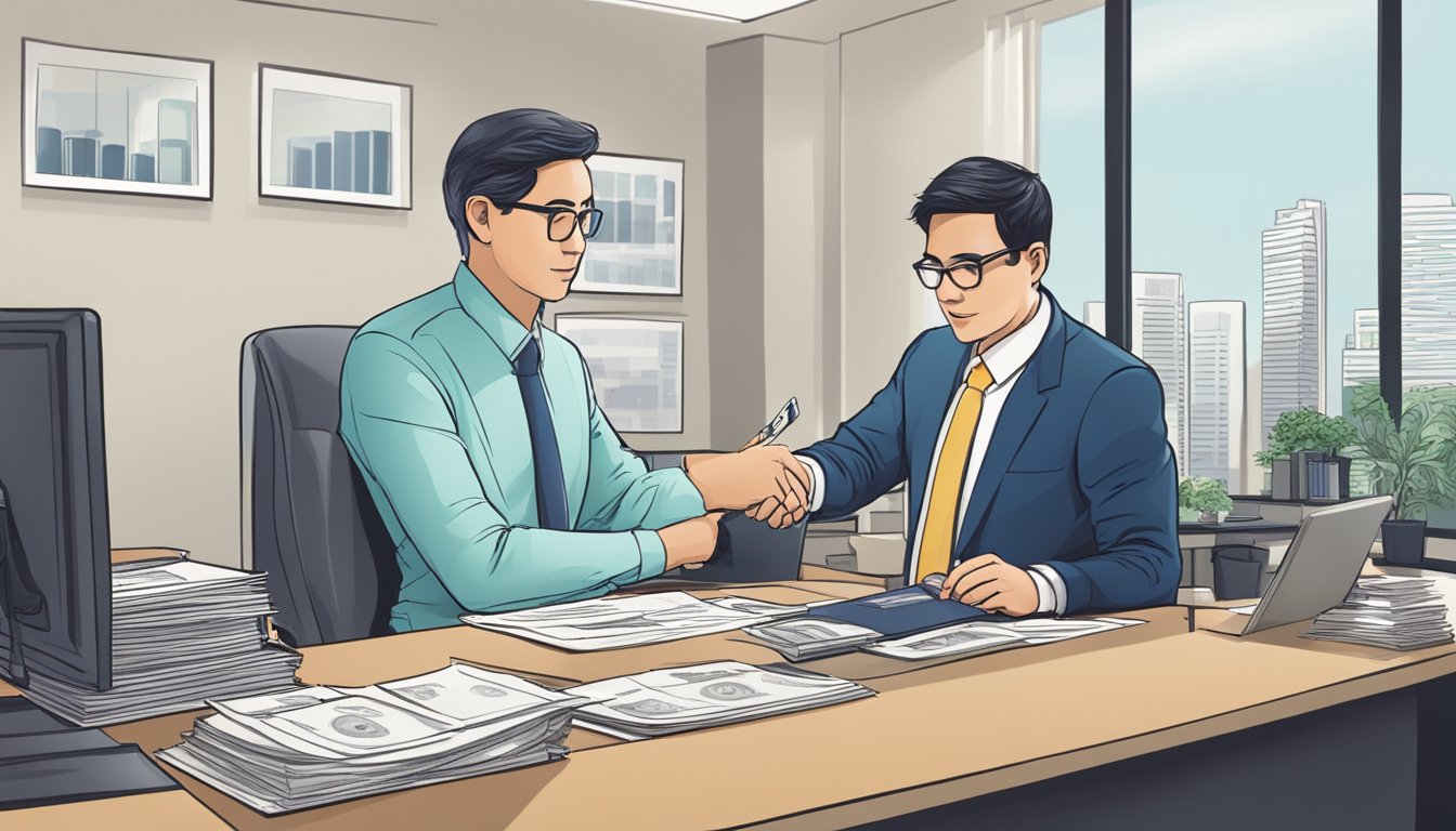 A foreigner sits at a desk, receiving financial services from a professional in a modern office setting in Singapore. The international money lender provides a loan to the foreigner