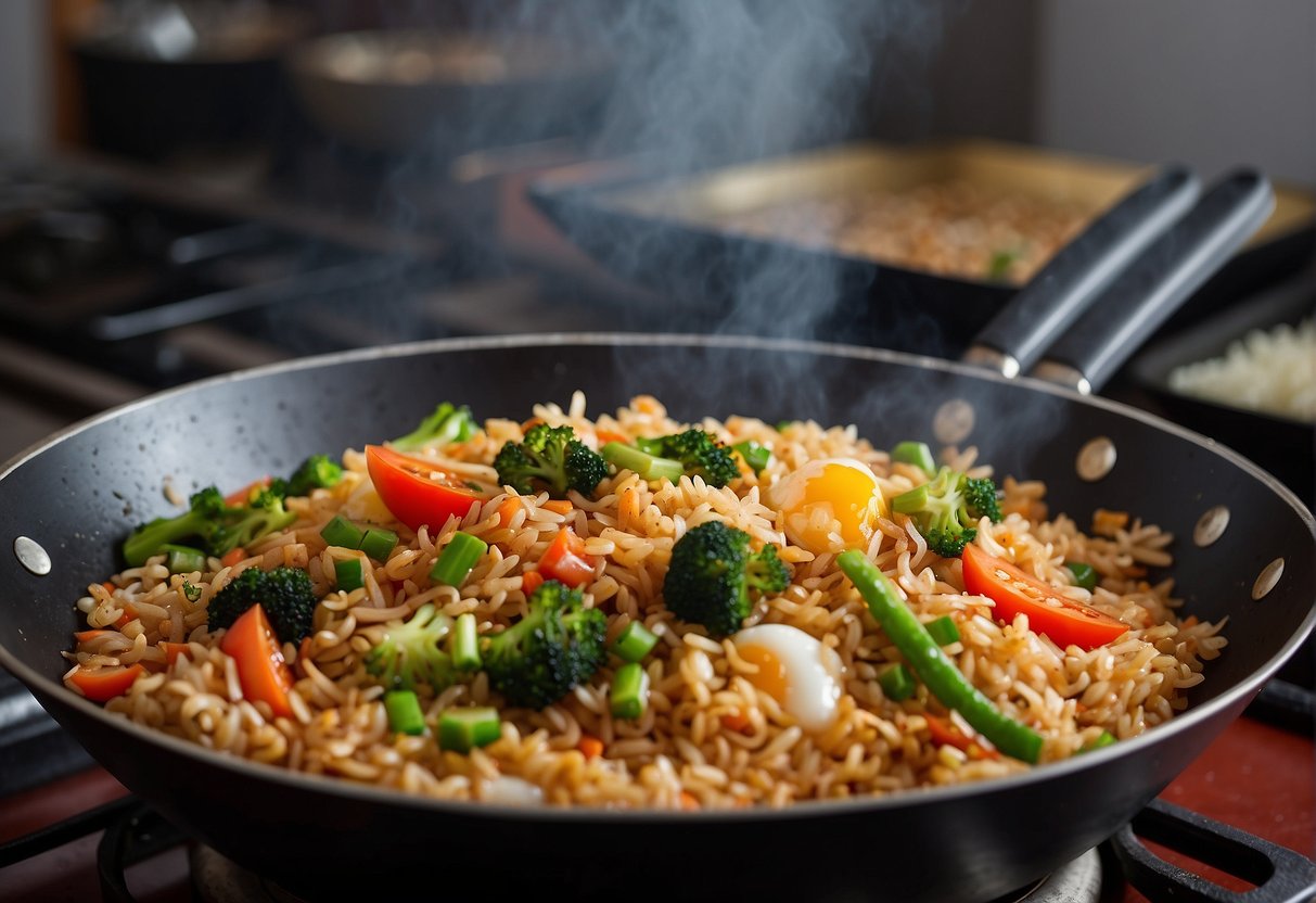 A wok sizzles over high heat, as rice, eggs, and vegetables are stir-fried with soy sauce and seasonings, creating aromatic Chinese-style fried rice