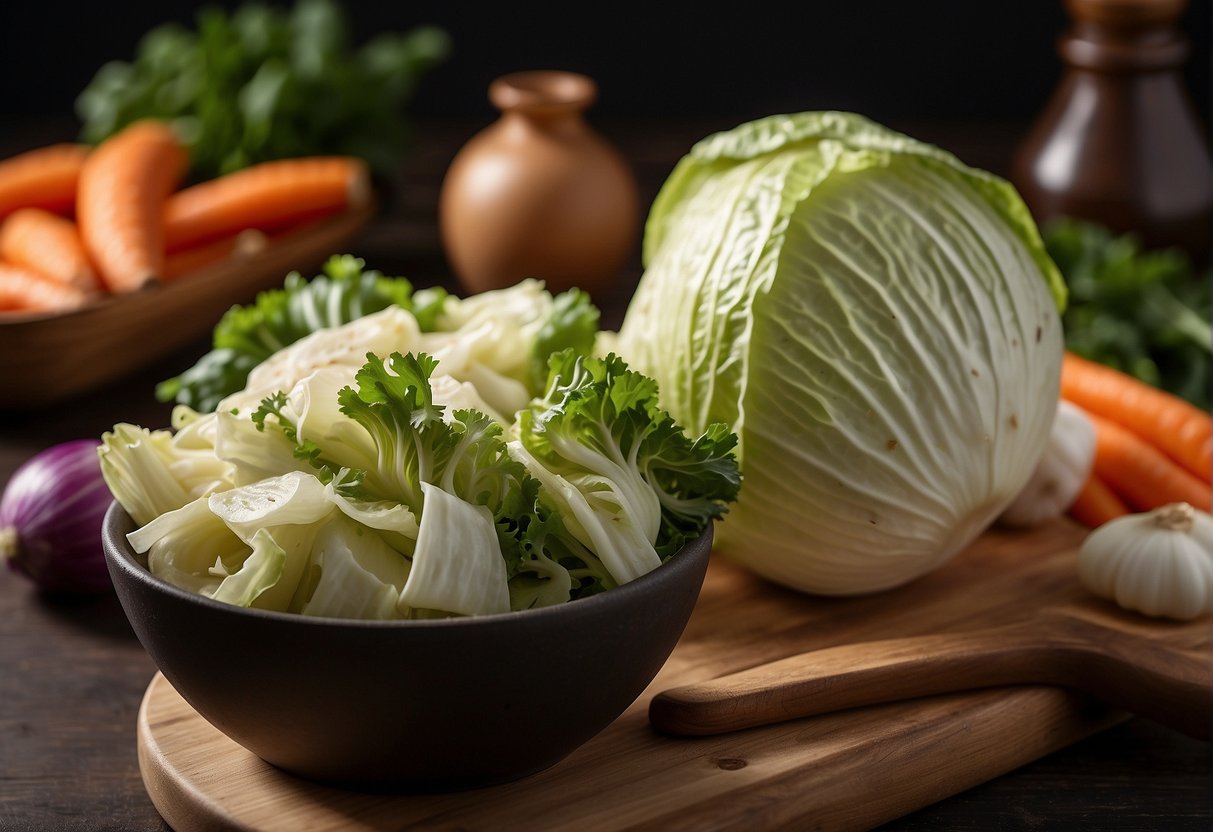Chopped Chinese cabbage, carrots, and onions on a cutting board with a pot, ladle, and ingredients in the background