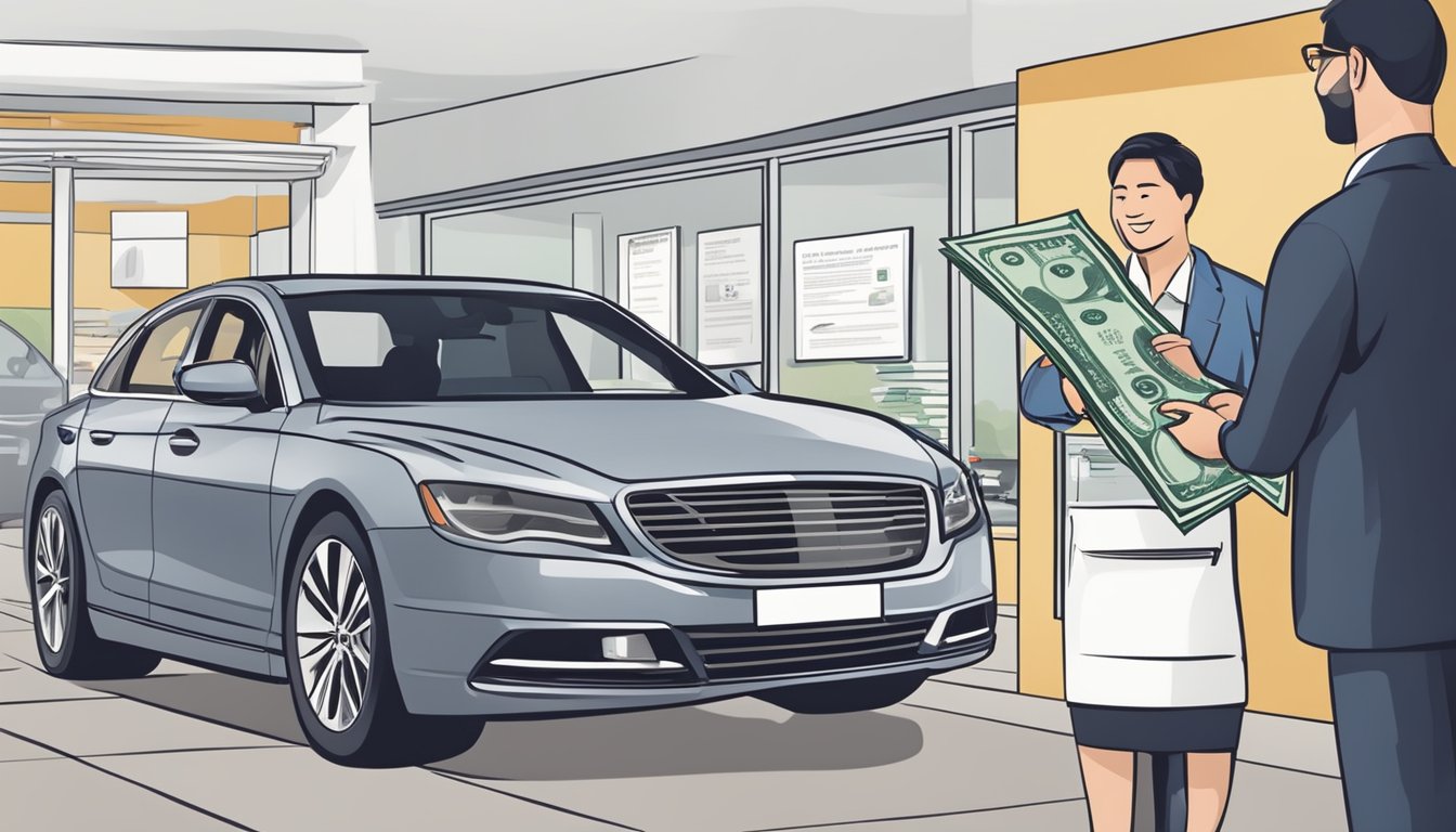 A person handing over money to a car dealer in front of a Certificate of Entitlement (COE) car display