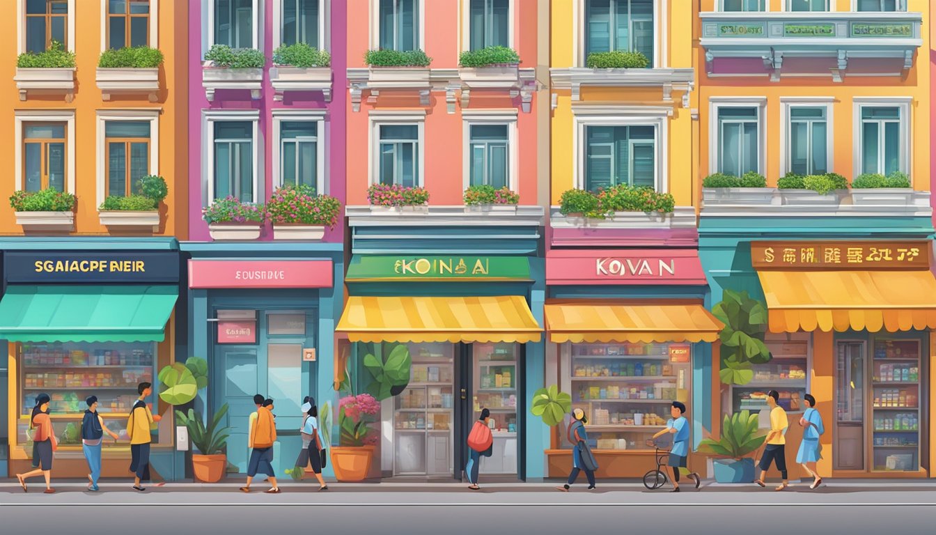 A bustling street with diverse shops and people, a kovan money lender sign stands out among the colorful storefronts in a vibrant Singapore neighborhood