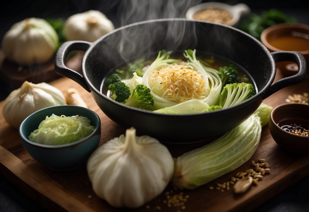 Chinese cabbage, garlic, ginger, and soy sauce arranged around a simmering pot of soup, steam rising. A sprinkle of sesame seeds and a dash of chili oil add the finishing touch