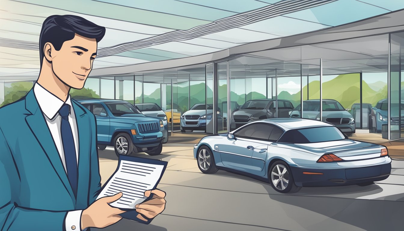 A person holding a COE certificate with a car dealership in the background, surrounded by paperwork and a calculator