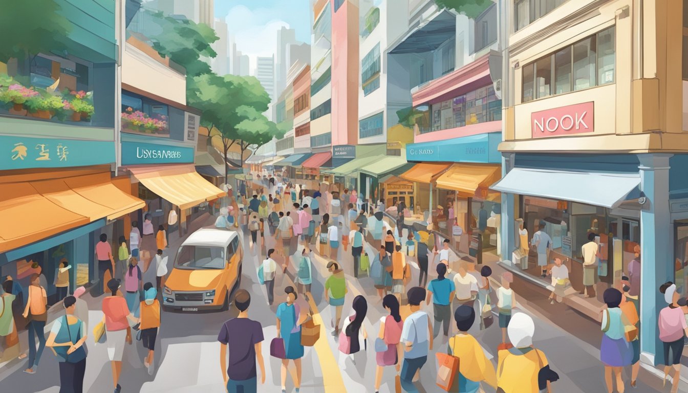 A bustling street in Singapore, with colorful storefronts and busy shoppers, as a sign reading "buy nook" catches the eye