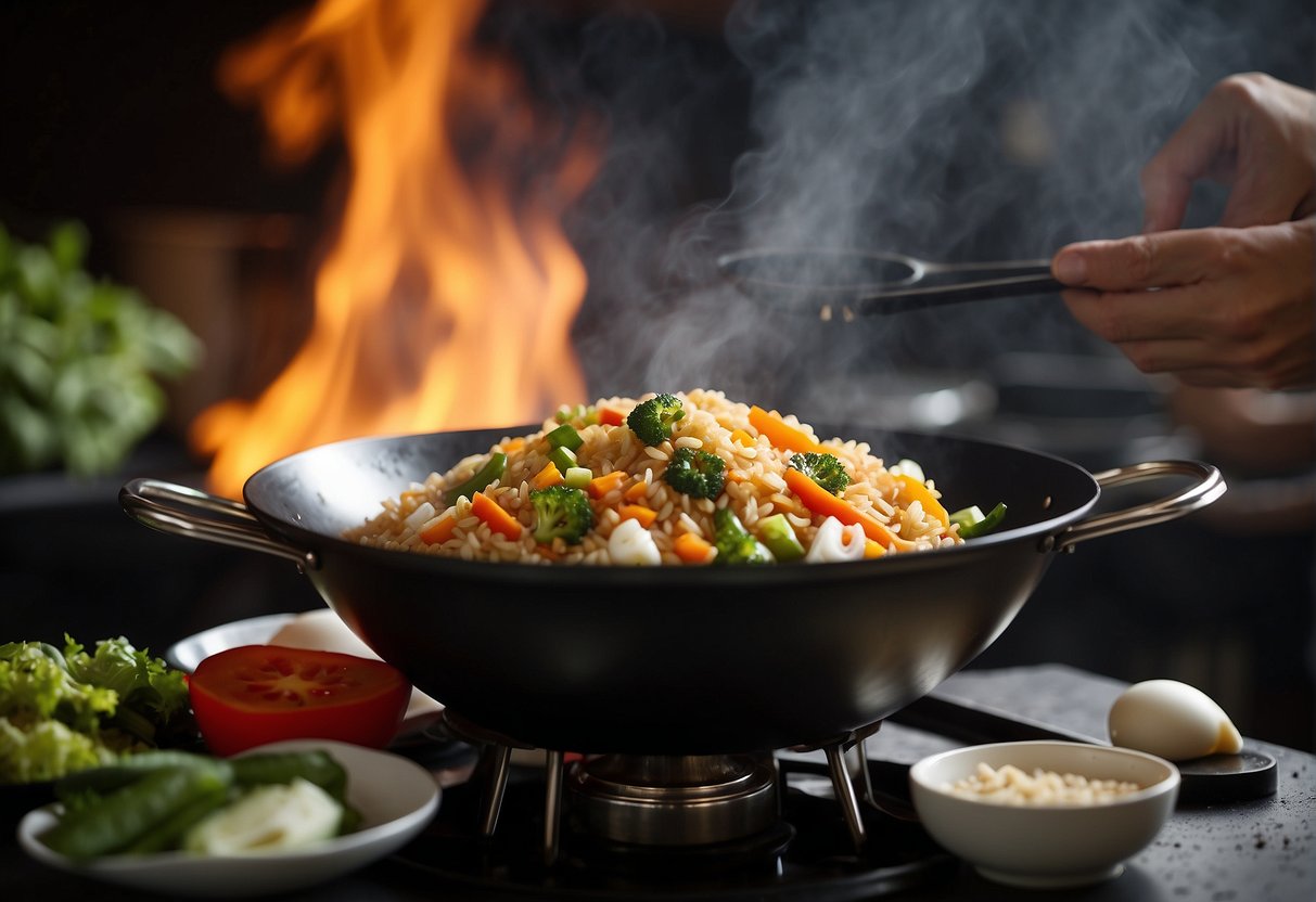 A wok sizzles with rice, eggs, and vegetables. A chef adds soy sauce and stir-fries, creating aromatic Chinese-style fried rice