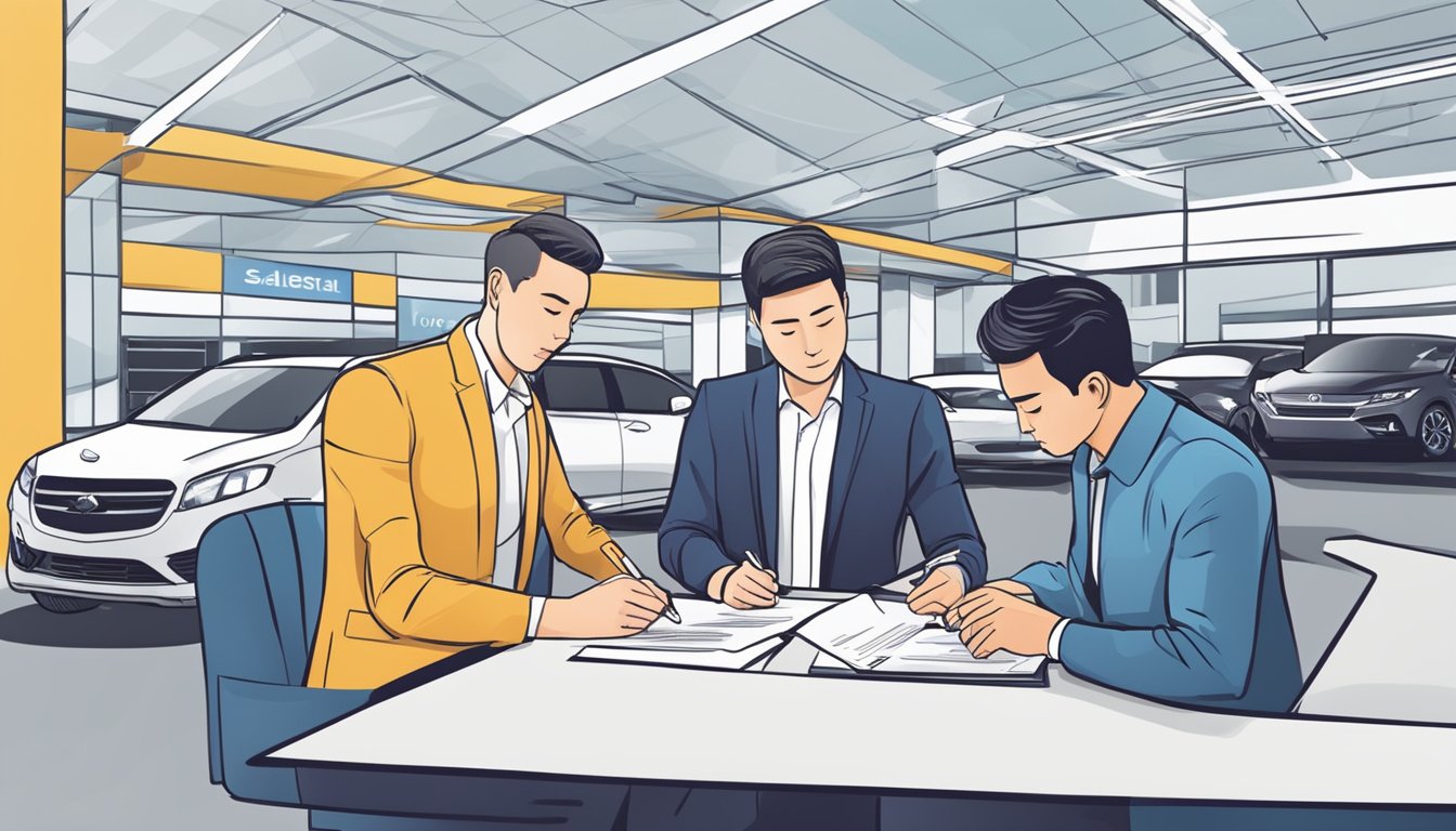 A customer signing paperwork at a car dealership, while a salesperson explains COE car buying process in Singapore