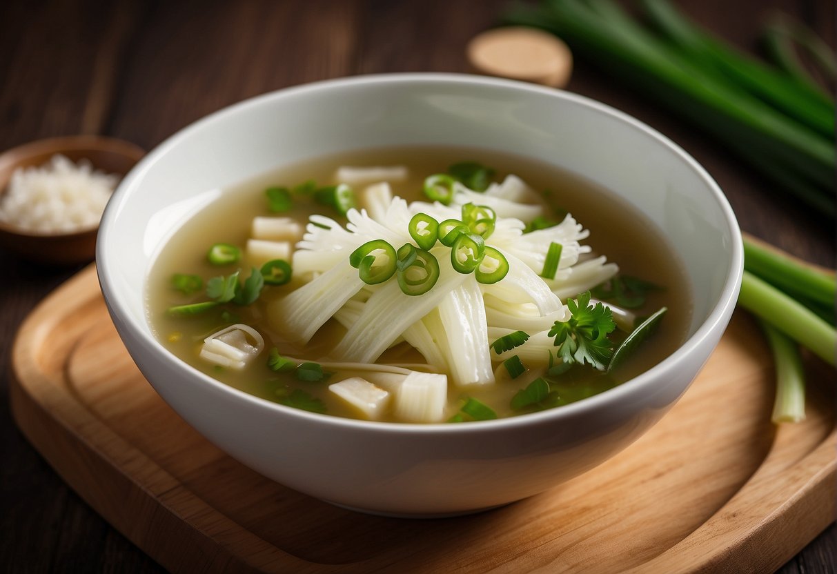 Chinese cabbage soup in a white ceramic bowl, garnished with sliced green onions and served on a wooden tray with a pair of chopsticks