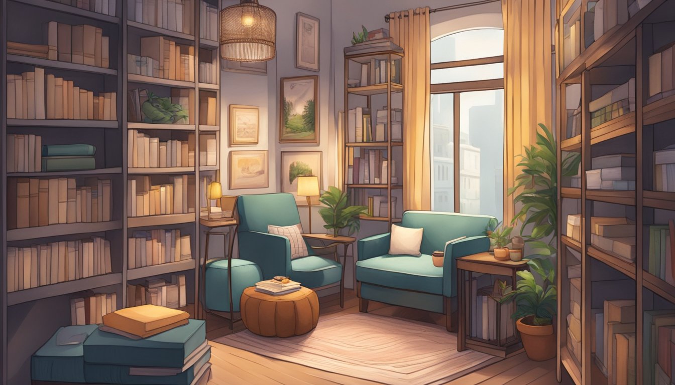 A cozy nook nestled in a bustling Singapore street, with a bookshelf, comfortable seating, and soft lighting
