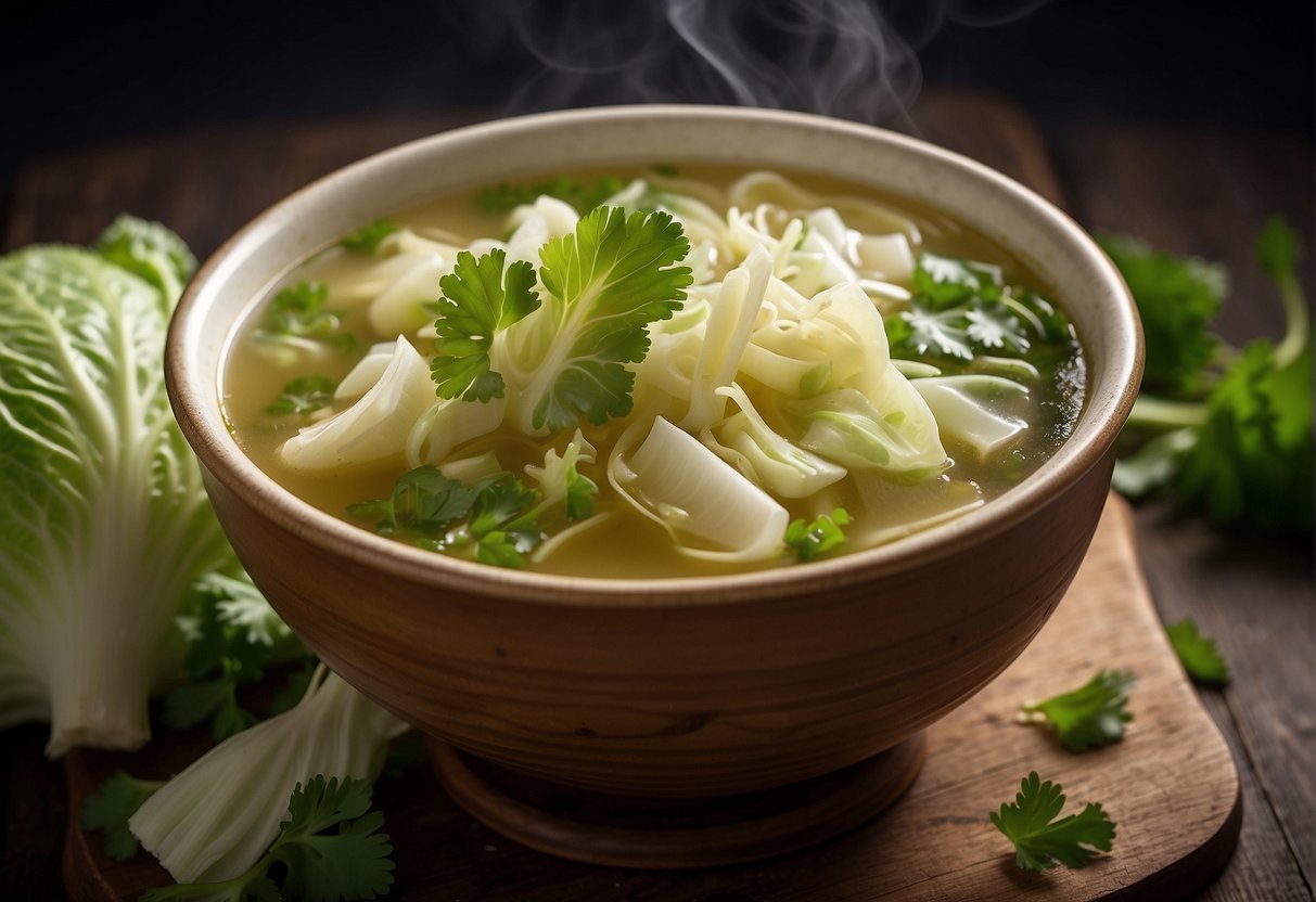 A bowl of Chinese cabbage soup with a steaming broth, chunks of tender cabbage, and hints of garlic and ginger, garnished with a sprinkle of fresh cilantro