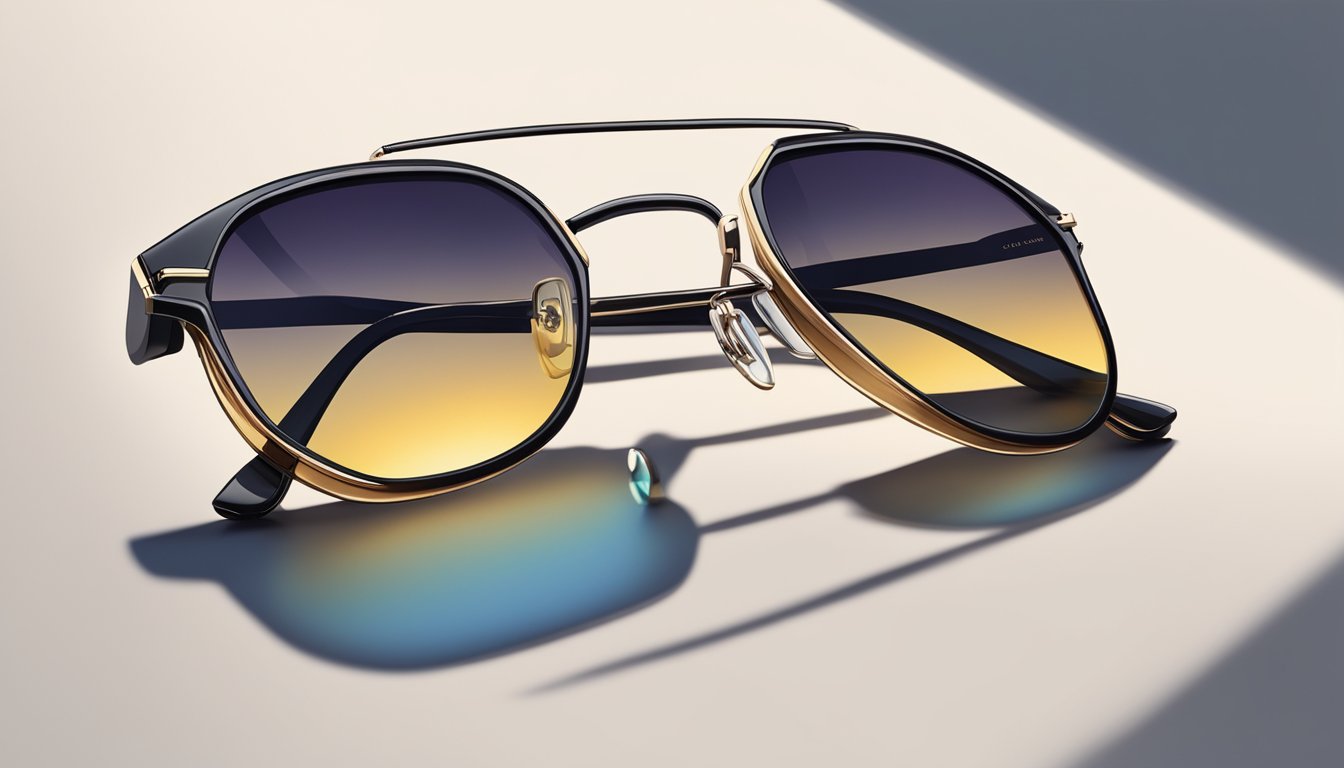 A pair of Gentle Monster sunglasses sits on a sleek display, catching the light and reflecting a modern, stylish vibe