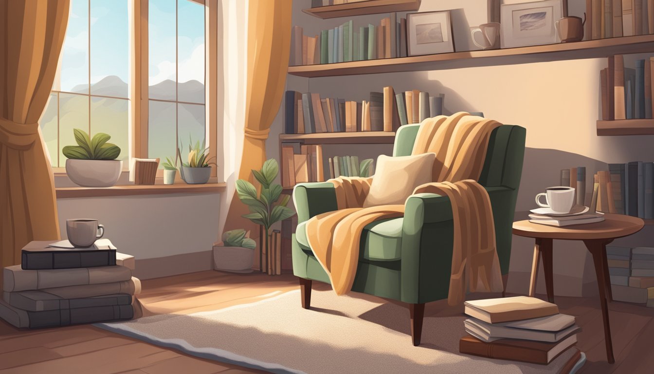 A cozy nook with a plush armchair, a side table with a cup of tea, and a bookshelf filled with books and decorative items. A soft throw blanket is draped over the armchair, creating a warm and inviting atmosphere