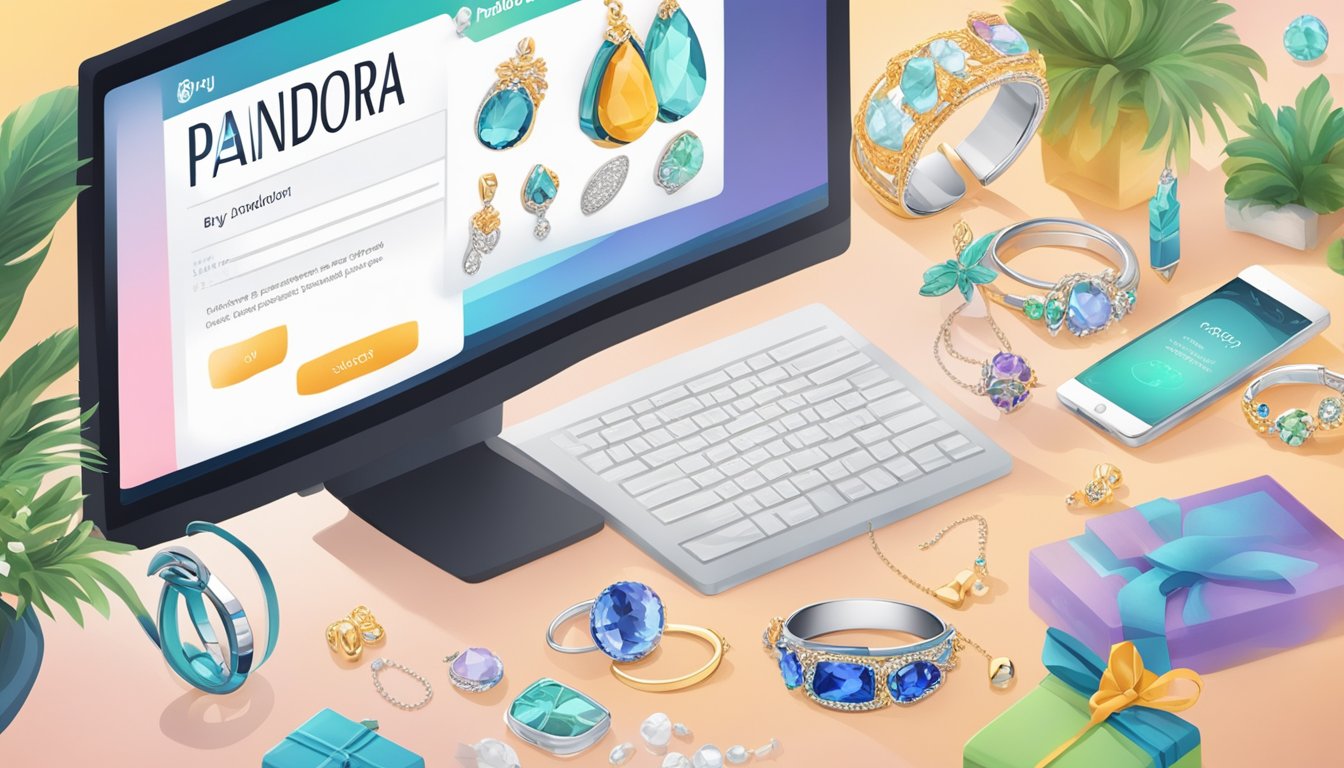 A computer screen displaying a website with the words "buy pandora online" and a variety of jewelry products