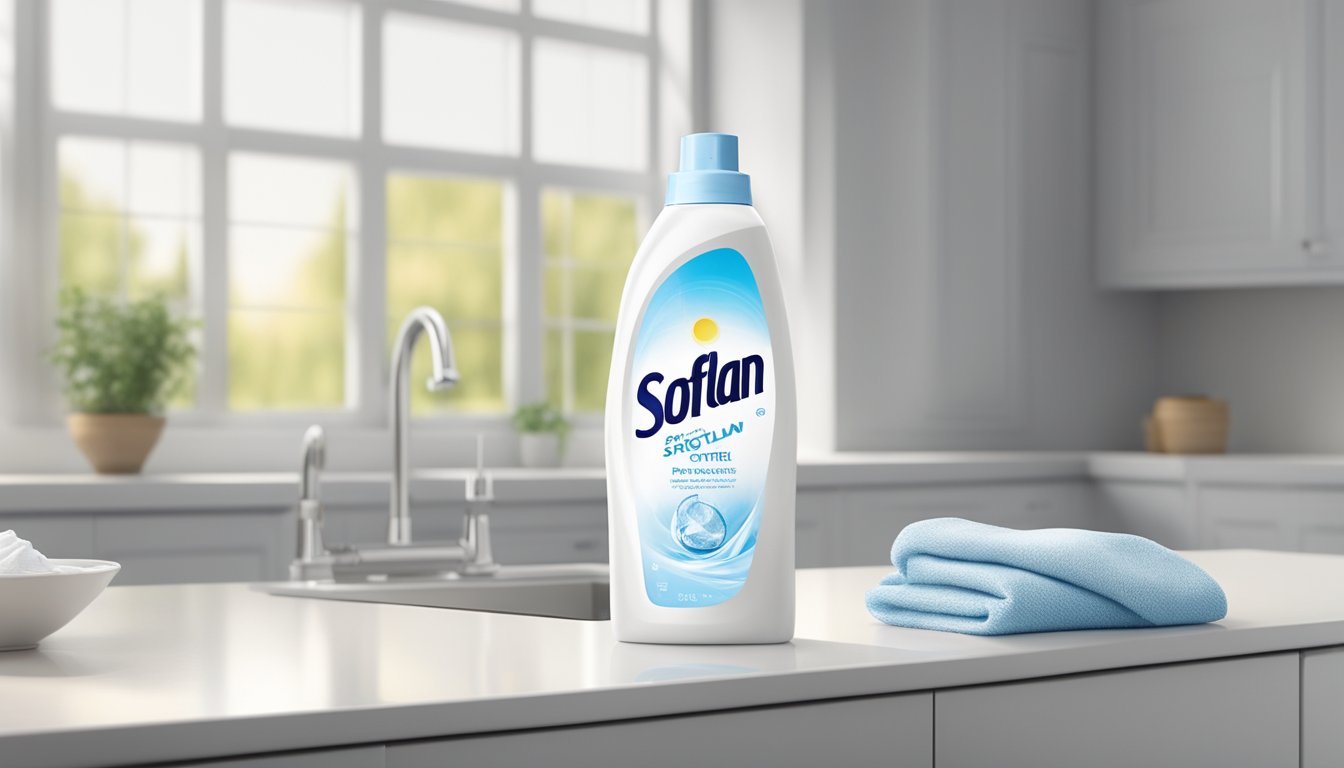 A bottle of Softlan fabric softener sits on a clean, white countertop. A gentle breeze ruffles a nearby curtain, carrying the fresh scent of clean laundry