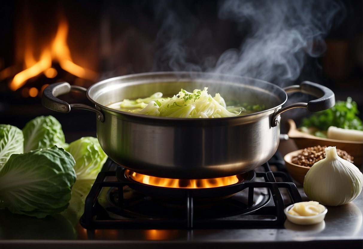 A pot of Chinese cabbage soup simmers on a stove, steam rising and filling the kitchen with a savory aroma. Ingredients like cabbage, broth, and seasonings are neatly arranged nearby
