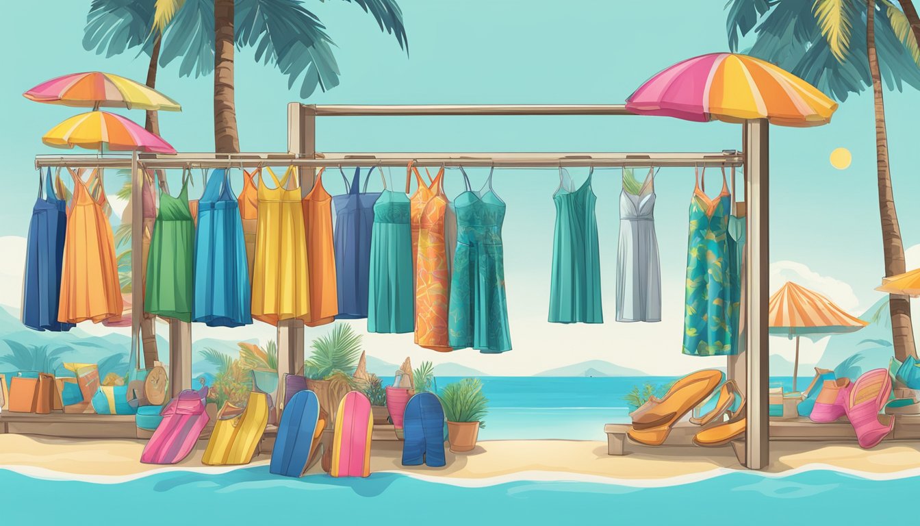 A beach scene with colorful swimwear brands displayed on a rack, with palm trees and a clear blue sky in the background