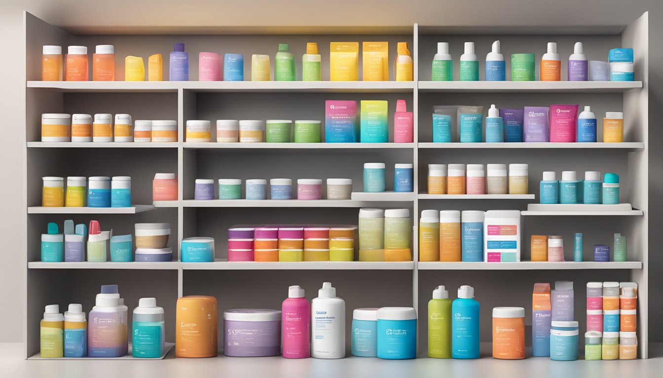 A variety of Softlan products displayed on shelves with vibrant packaging and soft fabric samples for testing