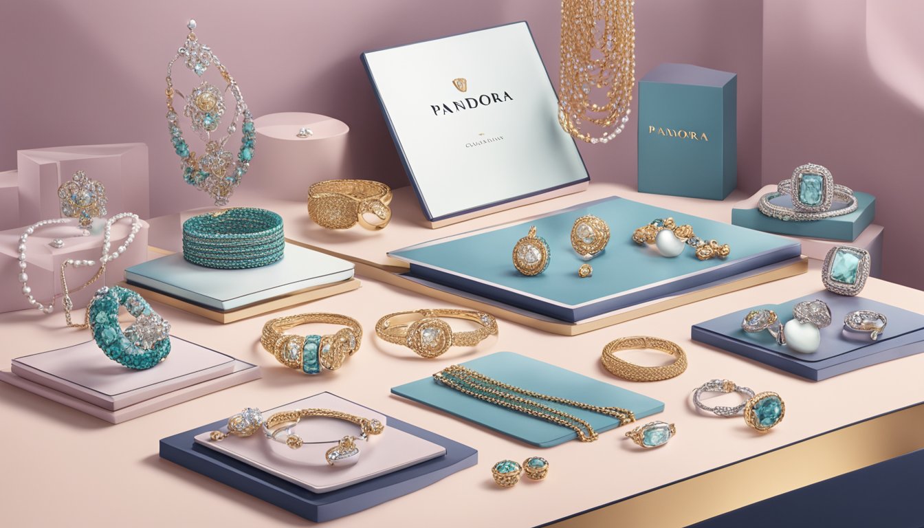 A table displaying Pandora's latest collection, with various jewelry pieces arranged neatly and a sign promoting online purchase