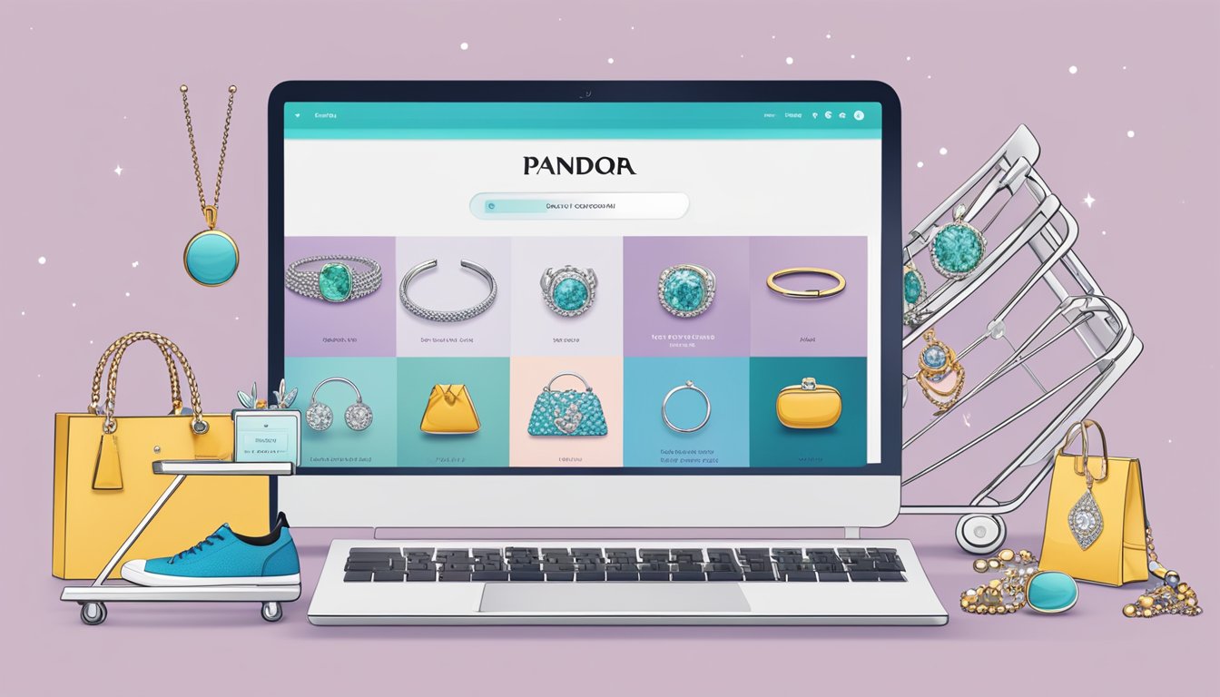 A computer screen displaying the Pandora online store, with various jewelry pieces and a shopping cart icon
