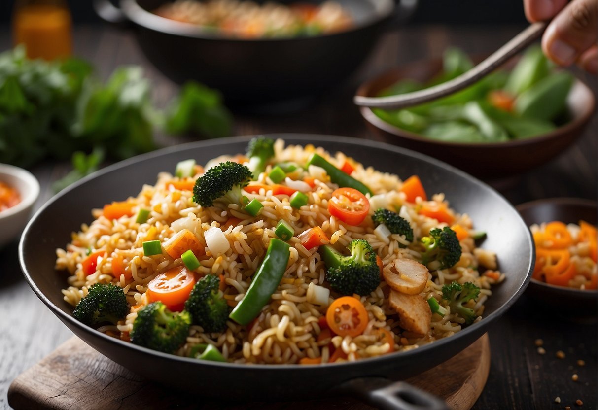 A wok sizzles with Chinese-style fried rice, stir-fried with colorful vegetables and seasoned with traditional spices