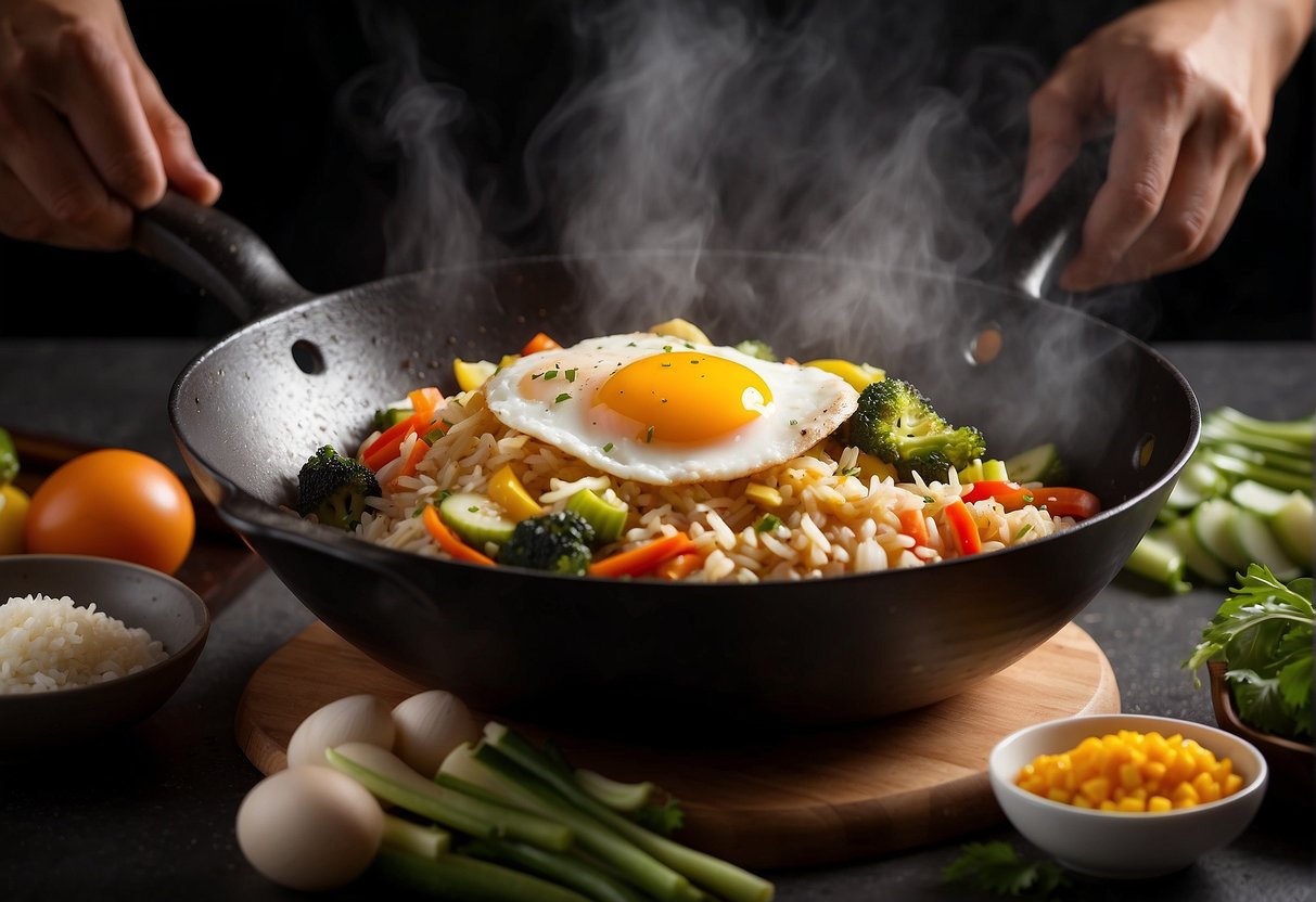 A wok sizzles with fragrant rice, eggs, and vegetables, as a chef adds soy sauce and tosses the ingredients with a spatula