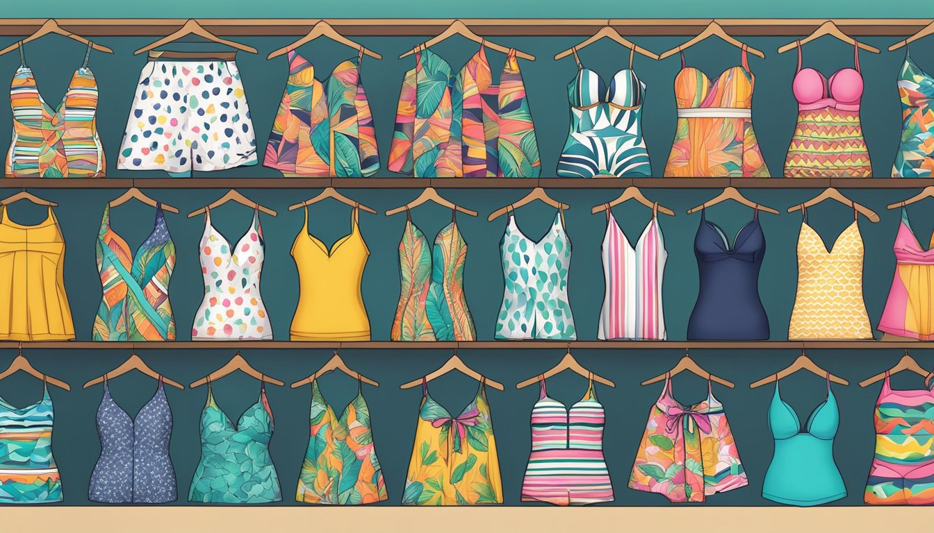 A colorful display of South African swimwear brands with bold patterns and designs, arranged neatly on shelves or racks