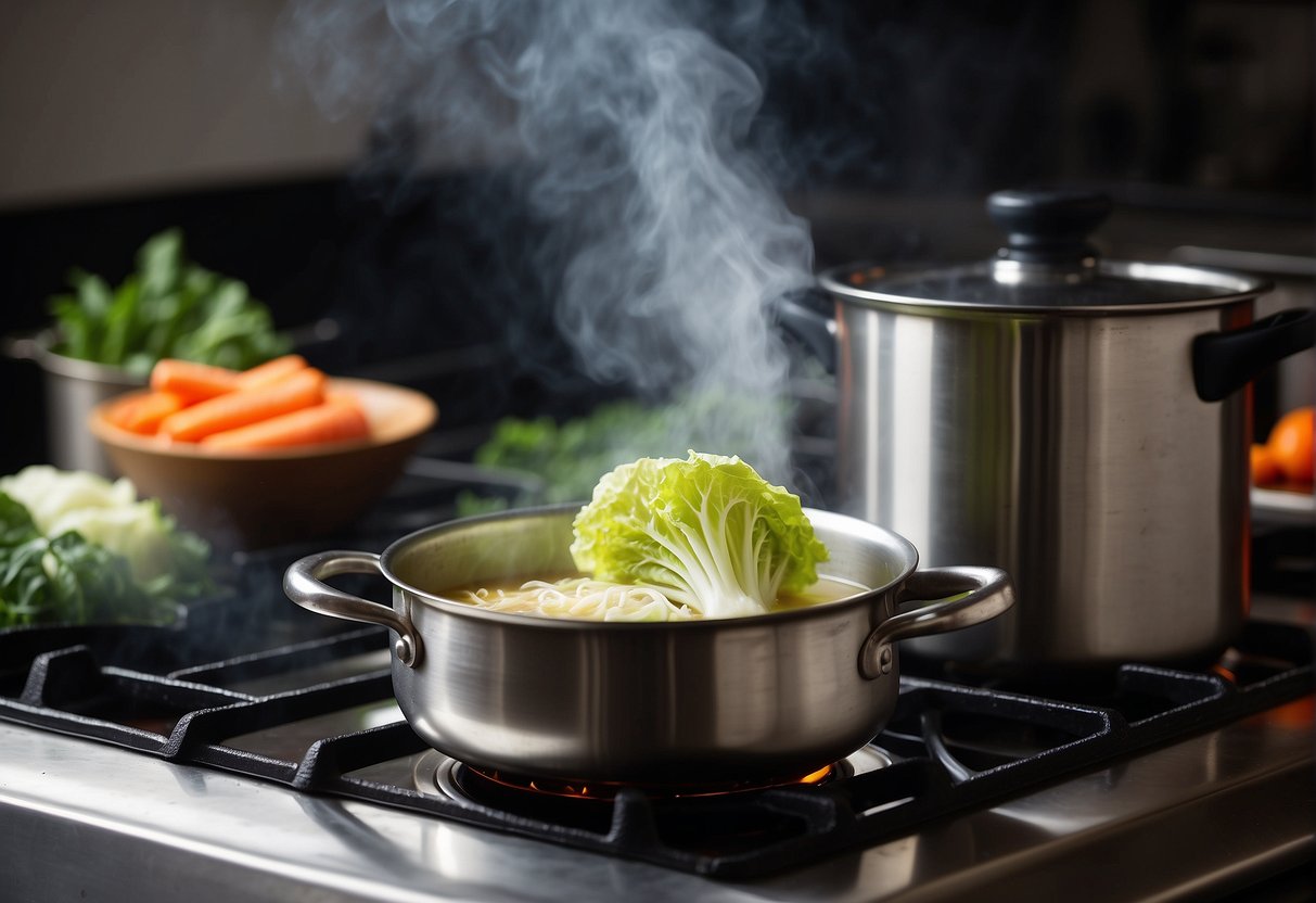 A pot simmers on a stove, filled with Chinese cabbage, carrots, and broth. Steam rises as the vegetables soften, creating a fragrant vegetarian soup