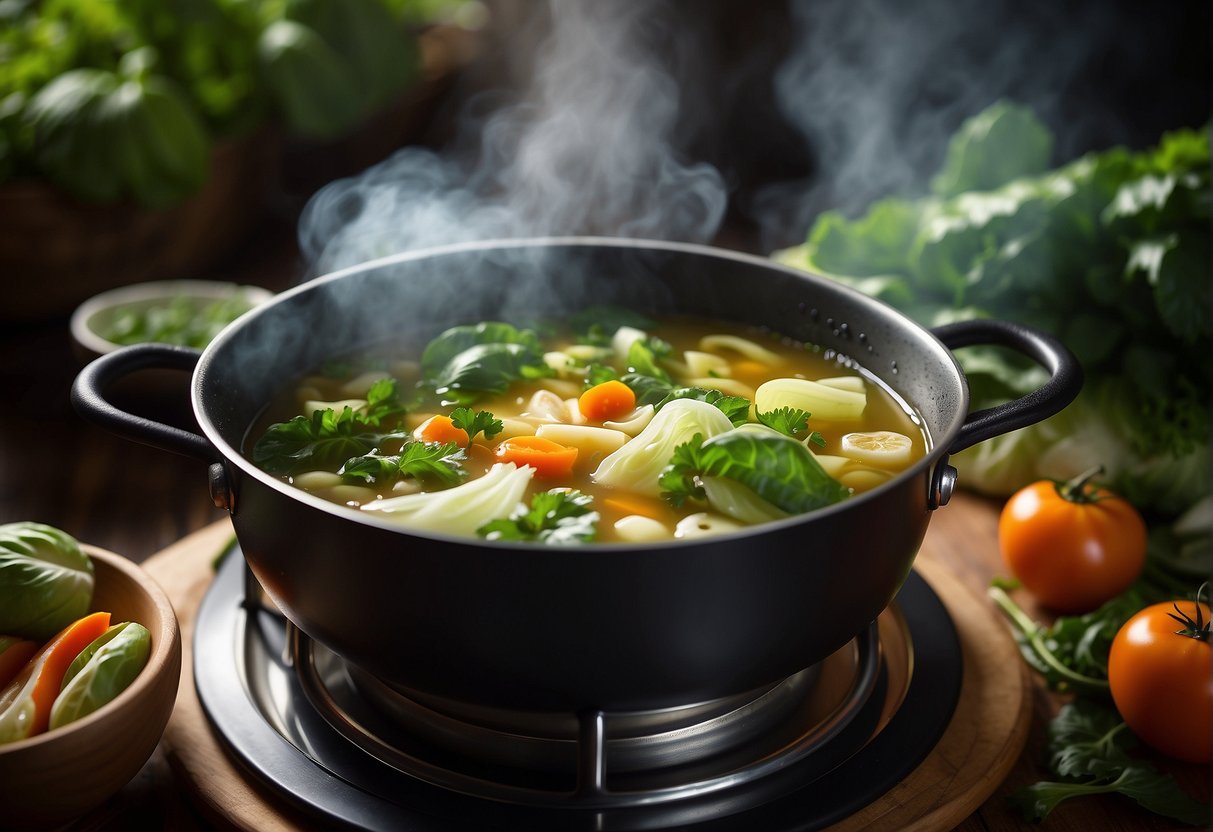 A pot of Chinese cabbage soup simmers on a stove, surrounded by fresh vegetables and herbs. A steaming bowl sits on a wooden table