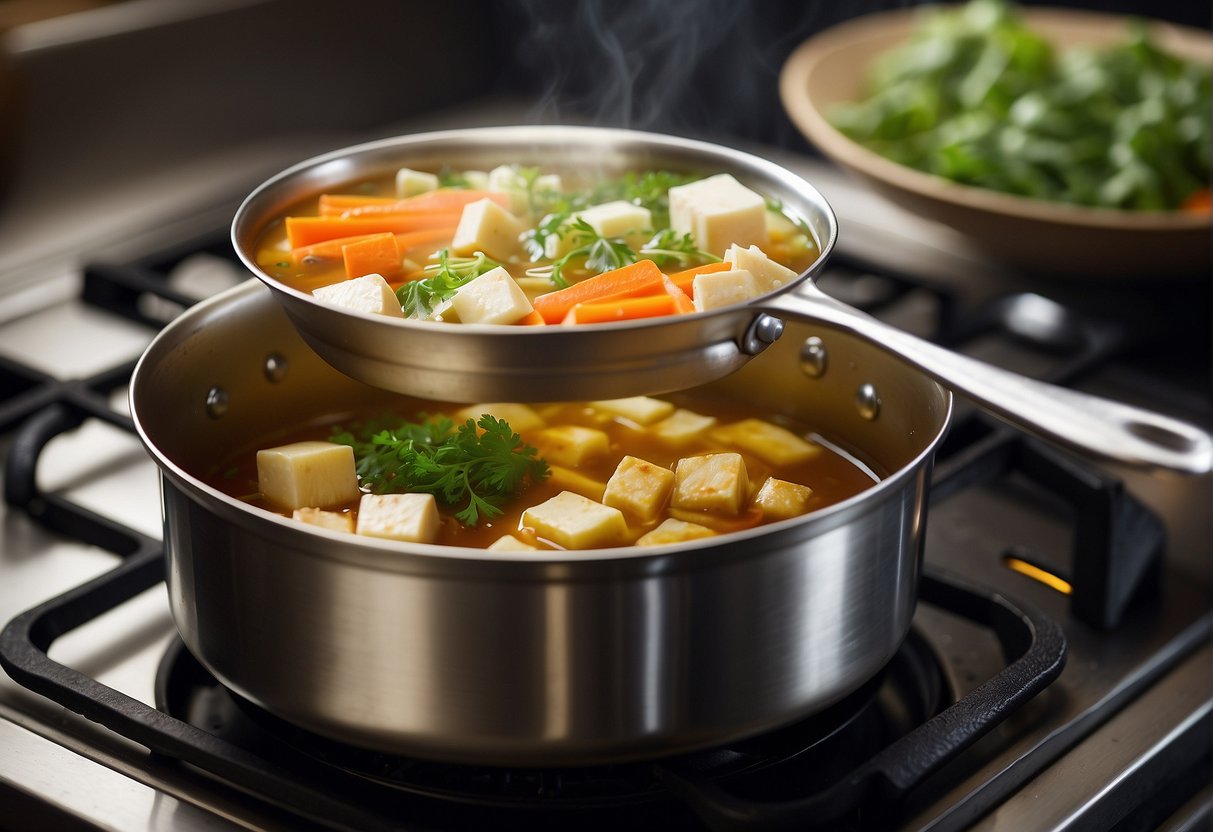 A pot filled with broth, Chinese cabbage, carrots, and tofu simmering on a stove. A sprinkle of soy sauce and a dash of ginger added for flavor