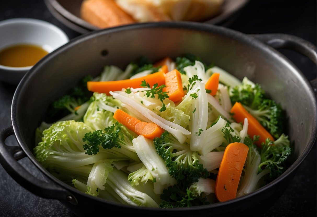 Chop Chinese cabbage, carrots, and onions. Heat oil in a pot, add vegetables, and sauté. Pour in broth, bring to a boil, then simmer. Season with soy sauce and pepper. Serve hot