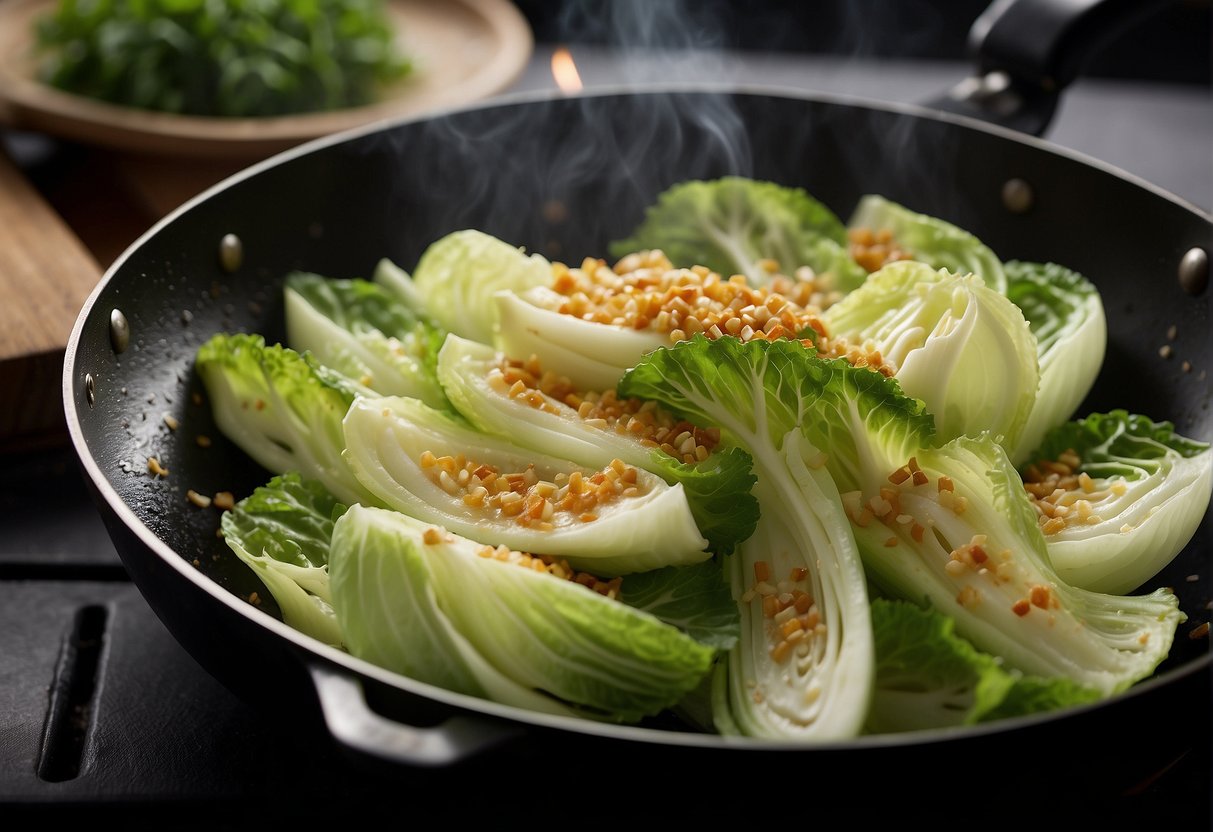 Chinese cabbage sizzling in a hot wok with garlic, ginger, and soy sauce, creating a delicious aroma