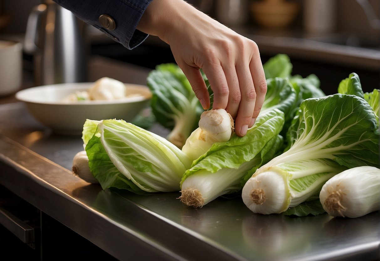 A hand reaching for Chinese cabbage, ginger, garlic, and soy sauce on a kitchen counter