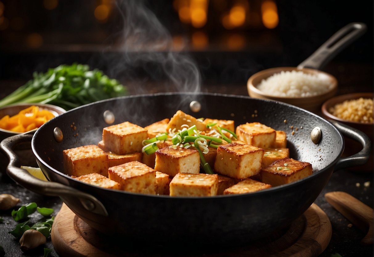 Golden cubes of crispy fried tofu sizzle in a wok, surrounded by garlic, ginger, and green onions. Soy sauce and sesame oil add depth to the savory aroma