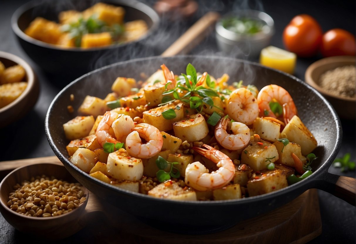 A sizzling wok fries tofu and shrimp with aromatic Chinese spices. Oil bubbles and the dish emits a savory aroma