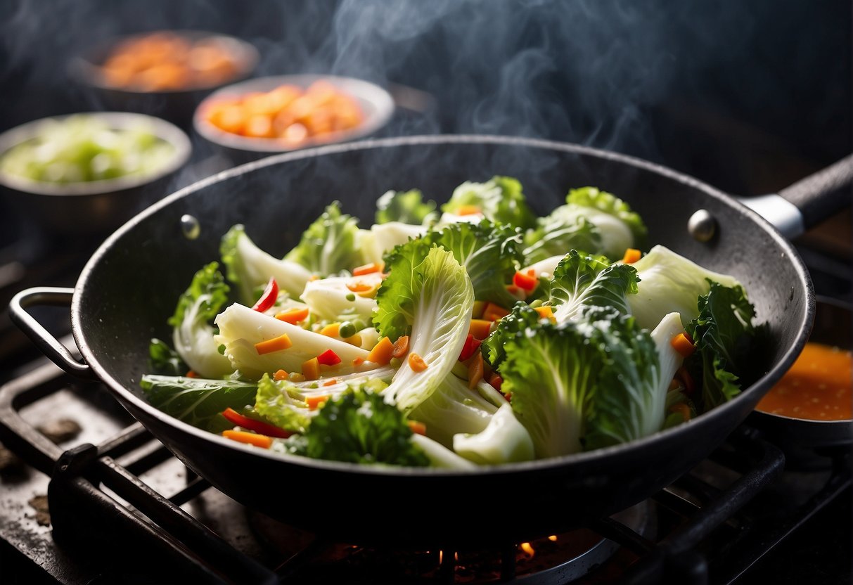 Chinese cabbage and assorted vegetables sizzling in a hot wok with aromatic spices and sauces