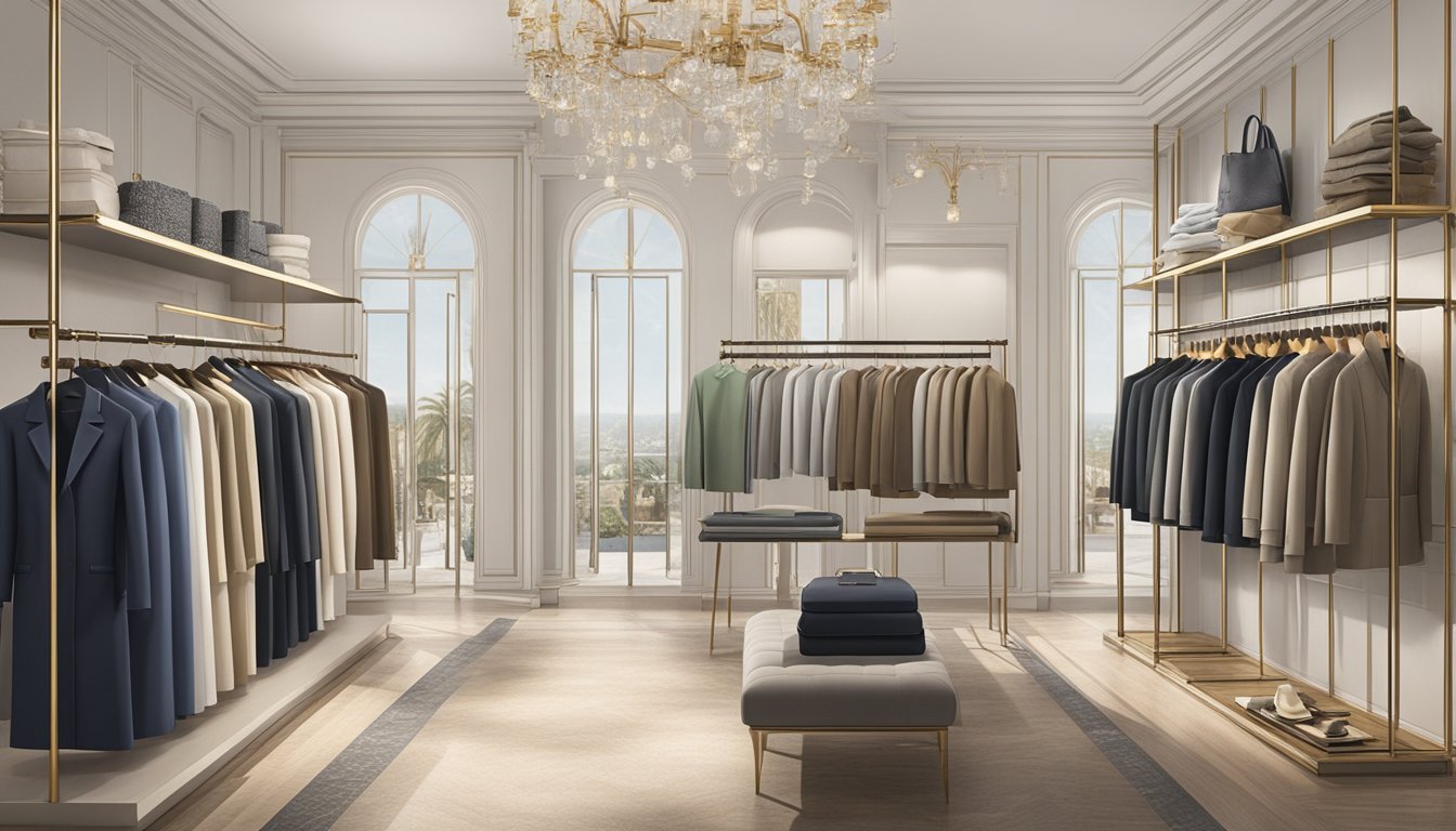 A display of Spanish luxury clothing brands, featuring elegant designs and high-quality fabrics, arranged in a sophisticated boutique setting