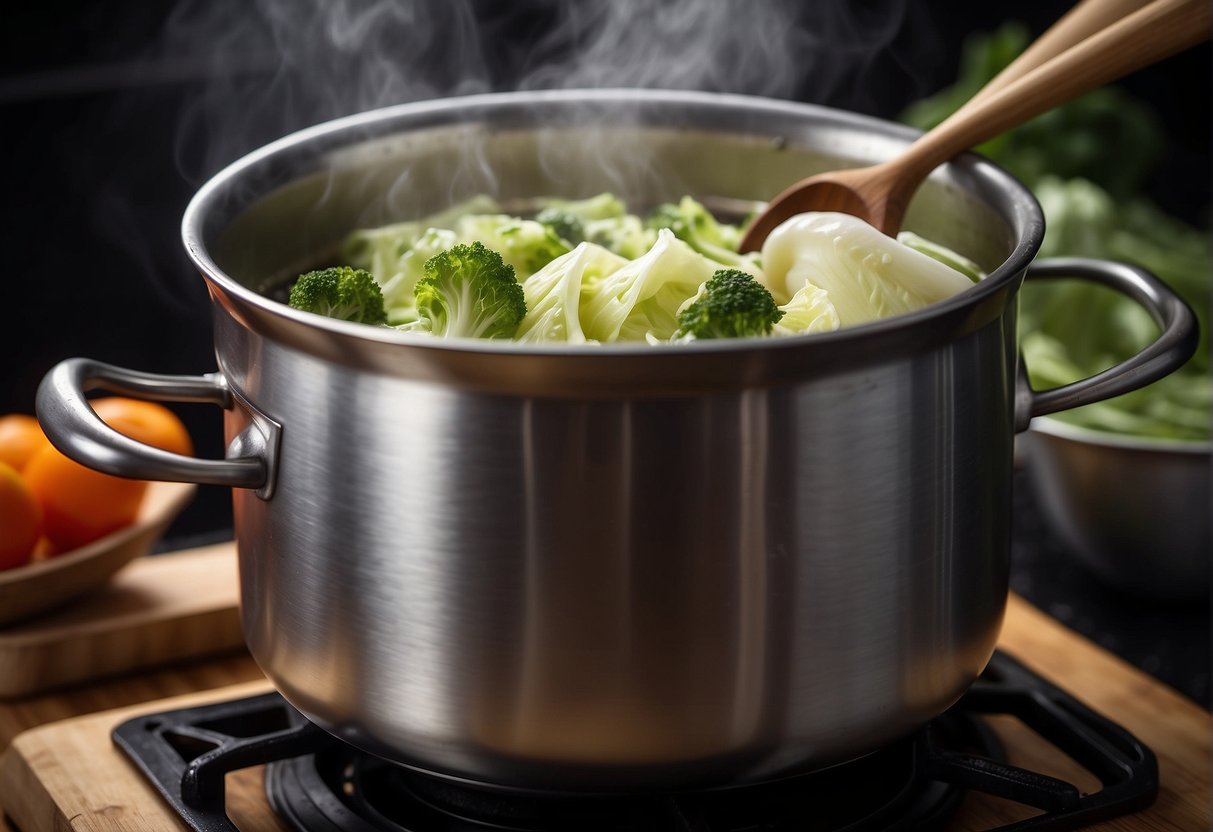 A pot of Chinese cabbage soup simmers on the stove, filled with colorful vegetables and fragrant spices. A wooden spoon stirs the bubbling mixture as steam rises from the pot