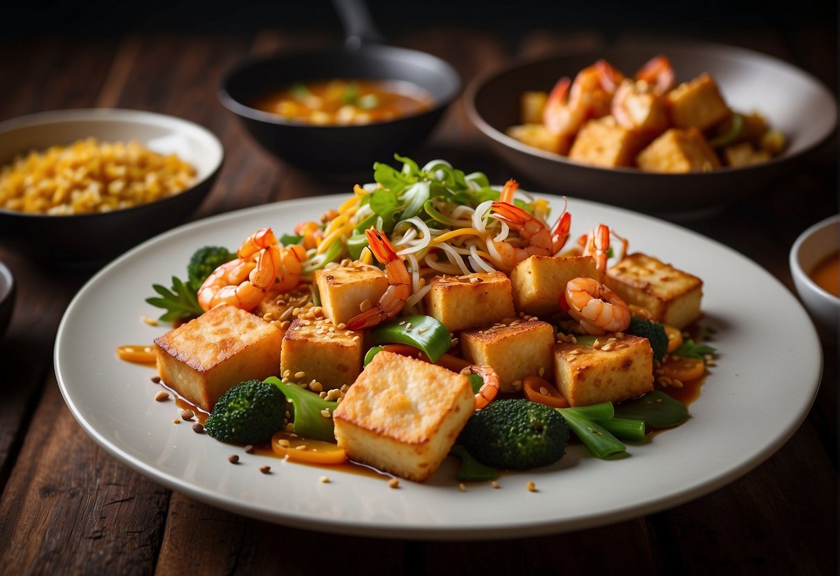 A wok sizzles with golden fried tofu and succulent shrimp, surrounded by Chinese spices and sauces