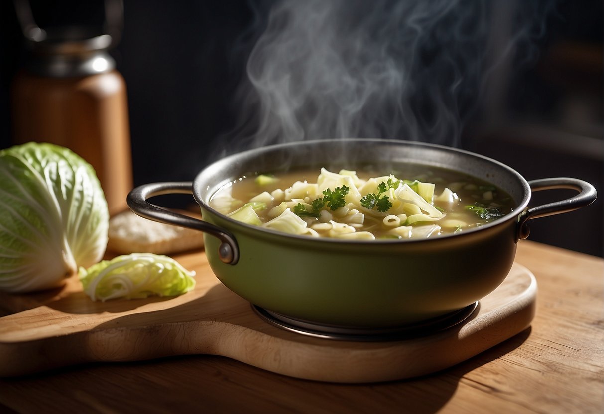 A pot of Chinese cabbage soup simmers on a stove. A bowl of soup is placed on a wooden table, accompanied by a spoon and a loaf of bread