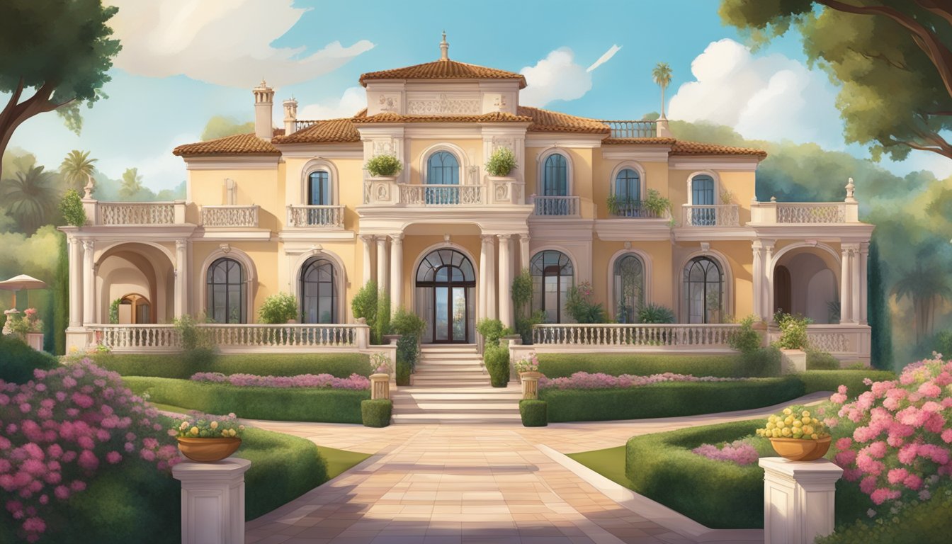 A grand Spanish mansion with ornate architecture, surrounded by lush gardens and adorned with elegant signage of luxury fashion brands