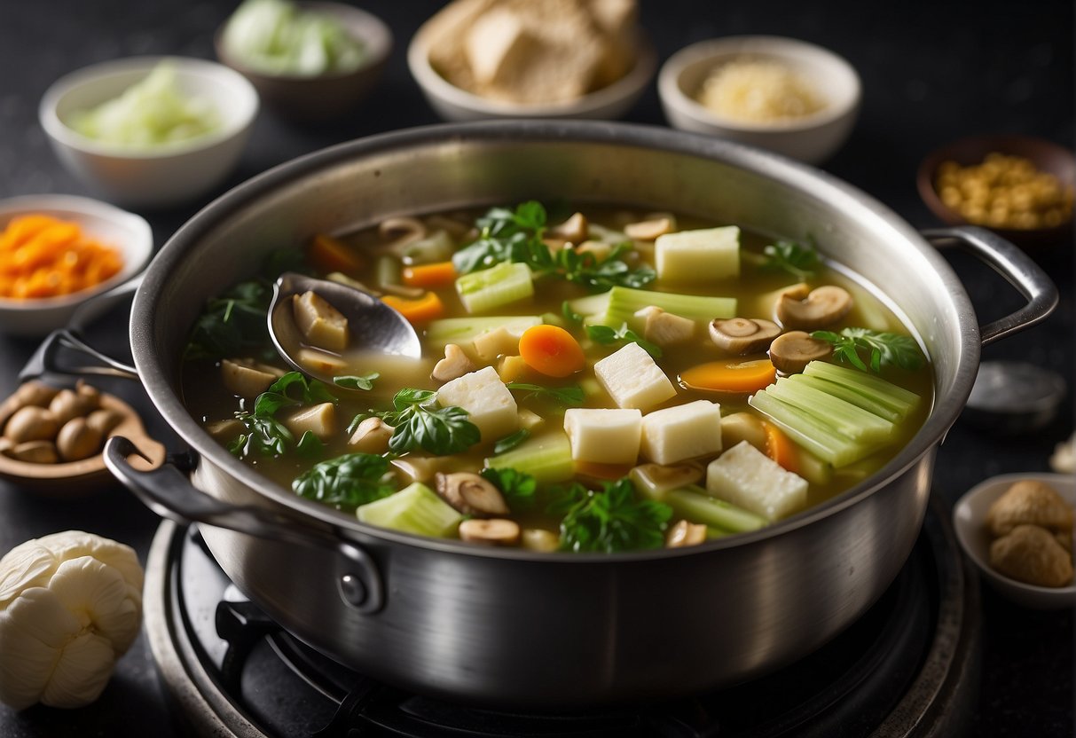 A pot of Chinese cabbage soup simmers on a stovetop, surrounded by various ingredients like tofu, mushrooms, and bok choy. A ladle rests on the edge of the pot